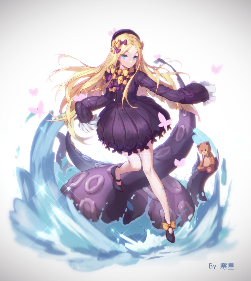 1girl abigail_williams_(fate) black_bow black_dress black_footwear black_headwear blonde_hair blue_eyes bow bug butterfly dress fate/grand_order fate_(series) full_body hair_bow hanxing highres long_hair mary_janes multiple_hair_bows orange_bow parted_bangs shoes sleeves_past_fingers sleeves_past_wrists solo stuffed_animal stuffed_toy suction_cups teddy_bear tentacles water