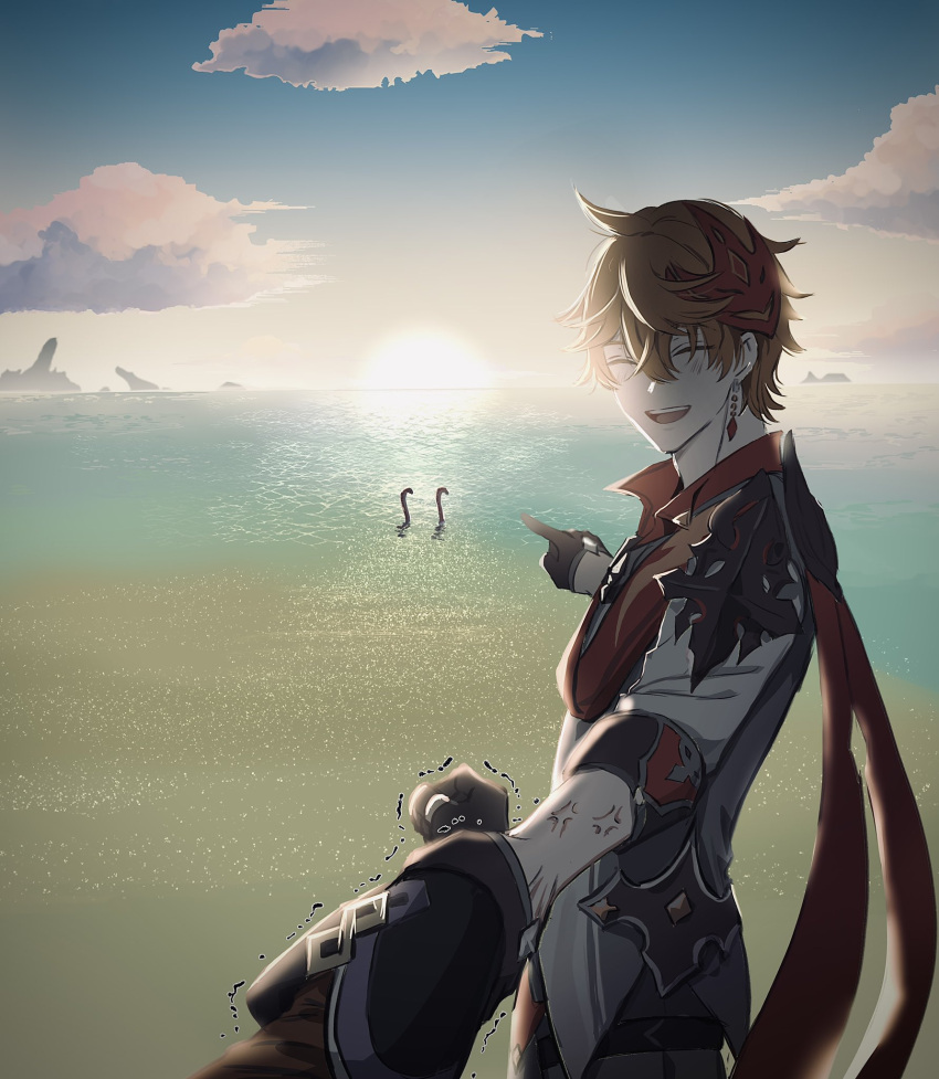 2boys :d ^_^ ahoge beach black_gloves blush cape closed_eyes clouds commentary_request crossed_bangs earrings eel garden_eel genshin_impact gloves gradient_sky grey_jacket hair_between_eyes half_gloves highres holding_another's_wrist horizon index_finger_raised island jacket jewelry long_sleeves looking_to_the_side male_focus mask mask_on_head mountainous_horizon multiple_boys ocean open_mouth orange_hair outdoors pointing popped_collar pov red_cape red_mask red_shirt sailor_collar sand shirt short_hair single_earring sky sleeves_rolled_up smile solo_focus sun sunset tartaglia_(genshin_impact) teeth trembling uoo_minagiru upper_teeth_only veins water zhongli_(genshin_impact)