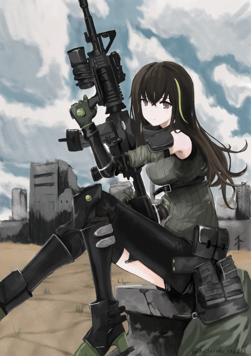 absurdres assault_rifle asymmetrical_legwear belt black_footwear blue_sky brown_eyes brown_hair building clouds commentary_request detached_sleeves foot_out_of_frame full_body girls_frontline gloves green_hair green_sweater gun hair_between_eyes highres holding holding_weapon long_hair looking_at_viewer m4_carbine m4a1_(girls'_frontline) m4a1_(mod3)_(girls'_frontline) magazine_(weapon) multicolored_hair nisoichi outdoors pouch rifle sitting sky sleeveless sleeveless_sweater smile streaked_hair sweater twitter_username vertical_foregrip weapon