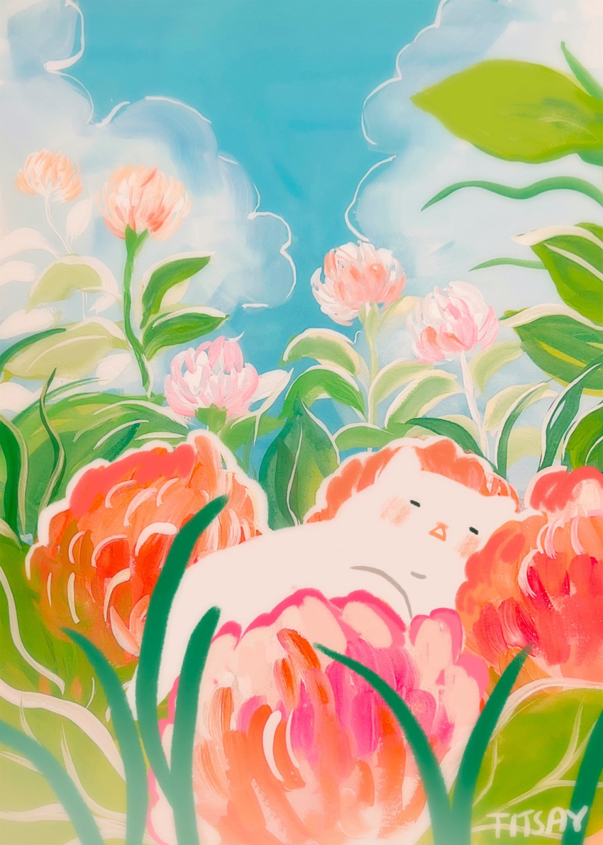 1other animal_focus artist_name blue_sky blush cat closed_eyes clouds cloudy_sky flower gouache_(medium) highres leaf minimized no_humans on_flower open_mouth original outdoors painting_(medium) pink_flower procreate_(medium) red_flower sky sleeping titsay traditional_media