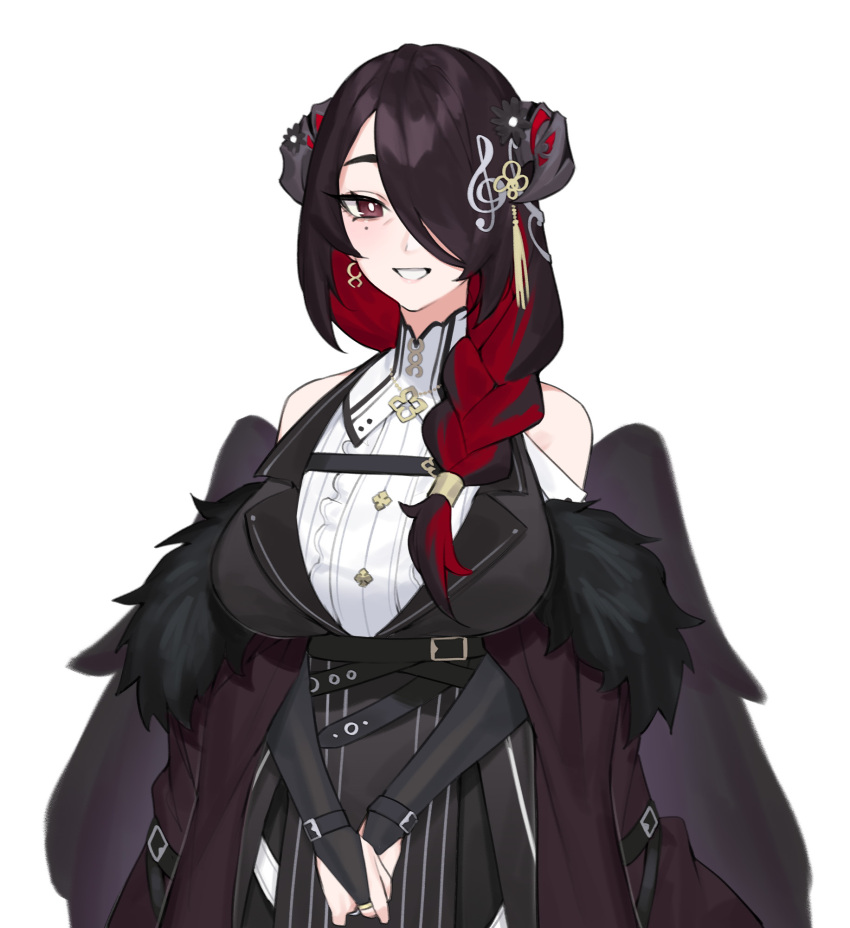 1girl black_hair black_wings braid colored_inner_hair dasdokter demon_horns feathered_wings highres hololive hololive_english horns long_hair looking_at_viewer mamarissa mature_female mole mole_under_eye multicolored_hair multiple_girls red_eyes side_braid smile two-tone_hair virtual_youtuber wings wrinkled_skin