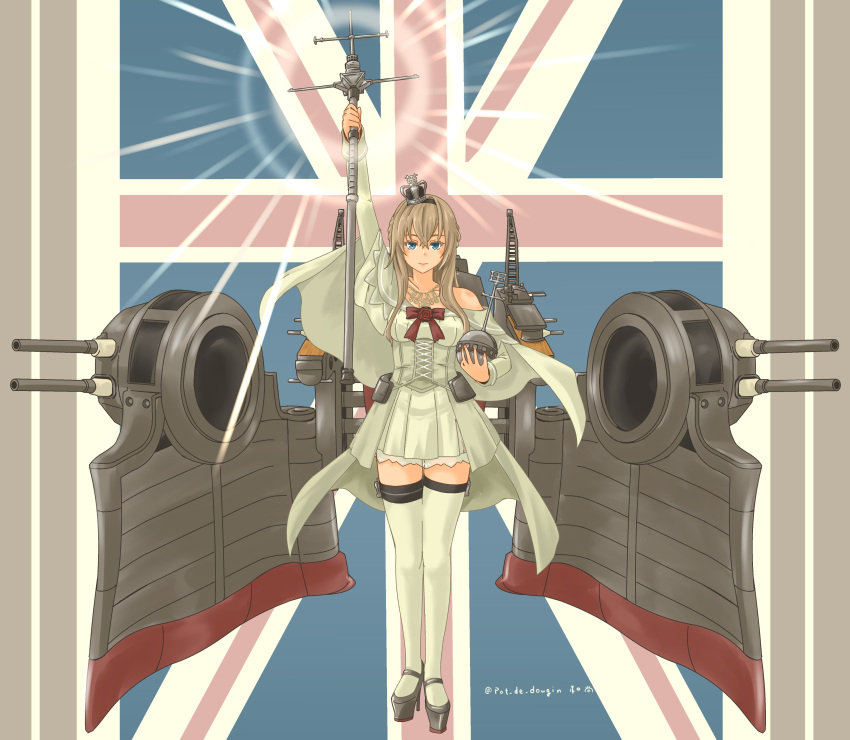 1girl absurdres adapted_turret blonde_hair blue_eyes braid cannon commentary_request corset crown dress flower french_braid full_body garter_straps globus_cruciger hair_between_eyes hairband high_heels highres jewelry kantai_collection long_hair long_sleeves machinery mini_crown necklace off-shoulder_dress off_shoulder pot-de red_flower red_ribbon red_rose ribbon rose scepter smile solo thigh-highs throne union_jack warspite_(kancolle) white_dress white_thighhighs