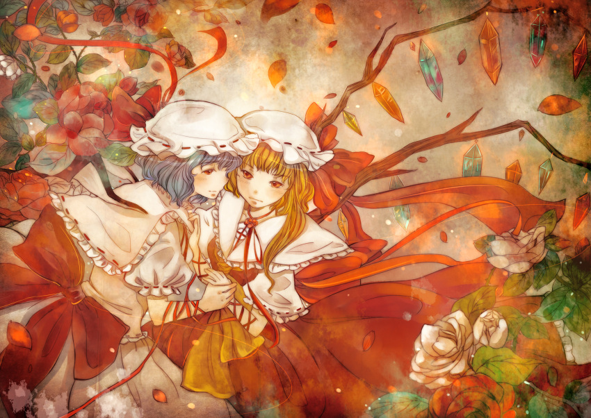 2girls absurdres adapted_costume autumn_leaves back_bow blonde_hair blue_hair bow capelet closed_mouth crystal embodiment_of_scarlet_devil flandre_scarlet flower frilled_capelet frilled_skirt frilled_sleeves frills hat highres large_bow leaf long_hair long_sleeves looking_at_another melon115 mob_cap multicolored_wings multiple_girls orange_background orange_theme puffy_short_sleeves puffy_sleeves red_bow red_eyes red_flower red_rose red_skirt red_vest remilia_scarlet ribbon-trimmed_sleeves ribbon_trim rose shirt short_sleeves siblings sisters skirt touhou vest white_capelet white_flower white_headwear white_rose white_shirt white_skirt wings