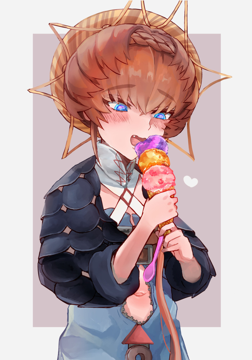 1girl absurdres belt black_sleeves blue_eyes blue_overalls blush braid brown_hair buckle clothing_cutout crown_braid eating fang fate/grand_order fate_(series) flat_chest heart highres holding_ice_cream_cone ice_cream_cone navel navel_cutout open_mouth orange_headwear overalls puffy_short_sleeves puffy_sleeves shimogamo_(shimomo_12) short_sleeves side_braid solo striped striped_headwear tongue van_gogh_(fate) zipper_pull_tab