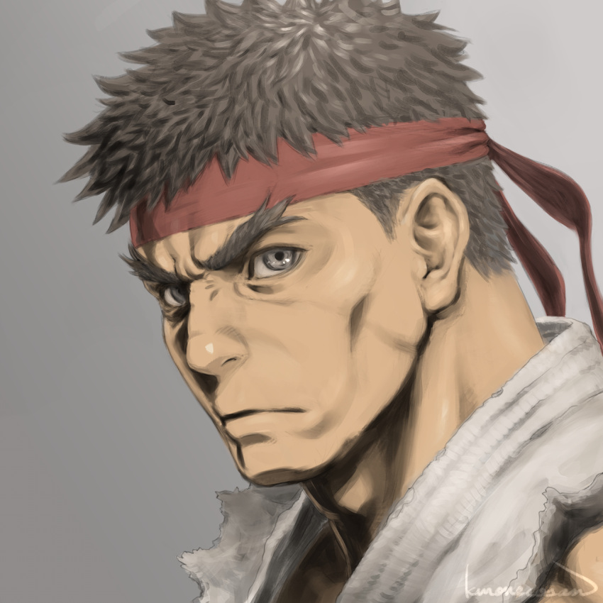 1boy black_hair cheekbones dougi forked_eyebrows frown headband highres kuroneco looking_at_viewer male_focus portrait red_headband ryu_(street_fighter) short_hair solo street_fighter thick_eyebrows