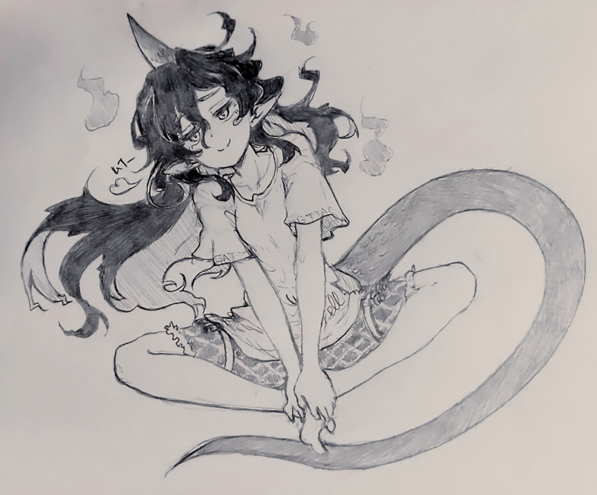 1girl barefoot carbohydrate_(asta4282) closed_mouth clothes_writing full_body greyscale highres horns long_hair looking_at_viewer monochrome pointy_ears shirt shorts single_horn sketch smile solo tail tenkajin_chiyari touhou traditional_media