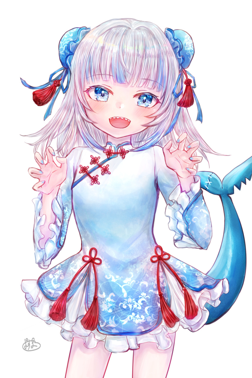 1girl absurdres blue_dress blue_eyes bun_cover chinese_clothes claw_pose double_bun dress fins fish_tail gawr_gura hair_bun highres hololive hololive_english looking_at_viewer open_mouth pasumaro shark_girl shark_tail solo tail virtual_youtuber white_background white_hair