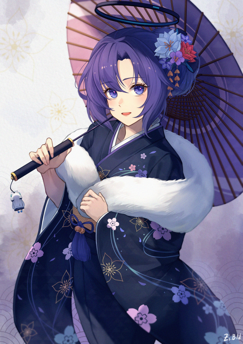 1girl :d absurdres alternate_costume bld_zi blue_archive cameo character_doll collarbone commentary_request floral_print_kimono flower fur_shawl hair_flower hair_ornament halo highres holding holding_umbrella japanese_clothes kimono long_hair long_sleeves looking_at_viewer noa_(blue_archive) obi oil-paper_umbrella parted_bangs purple_hair sash shawl sidelocks simple_background smile solo two_side_up umbrella violet_eyes white_shawl wide_sleeves yuuka_(blue_archive)