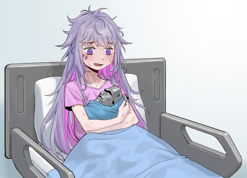 1girl agemmata bed bed_sheet blanket choppy_bangs colored_inner_hair gem gradient_background grey_hair highres holding_baby hololive hololive_english hospital_bed hospital_gown jewel_under_eye koseki_bijou light_blush light_frown long_hair messy_hair moai multicolored_hair on_bed open_mouth pillow pink_hair pink_shirt self-upload shirt sidelocks sitting statue sweat two-tone_hair under_covers violet_eyes virtual_youtuber