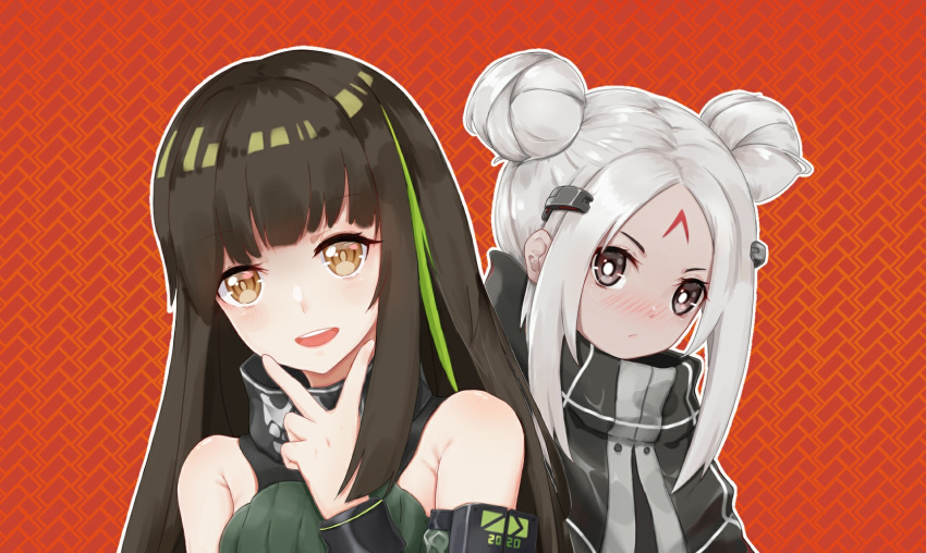 2020 2girls alternate_hairstyle black_capelet blush brown_eyes brown_hair capelet chinese_commentary closed_mouth commentary_request dark_skin double_bun elisa_(girls'_frontline) facial_mark forehead_mark girls_frontline green_hair green_sweater hair_bun hair_ornament highres long_hair looking_at_viewer m4a1_(girls'_frontline) m4a1_(mod3)_(girls'_frontline) mask multicolored_hair multiple_girls open_mouth orange_background parted_bangs re_dmoon sangvis_ferri skull_mask sleeveless sleeveless_sweater smile streaked_hair sweater teeth upper_body upper_teeth_only v v_over_mouth white_hair