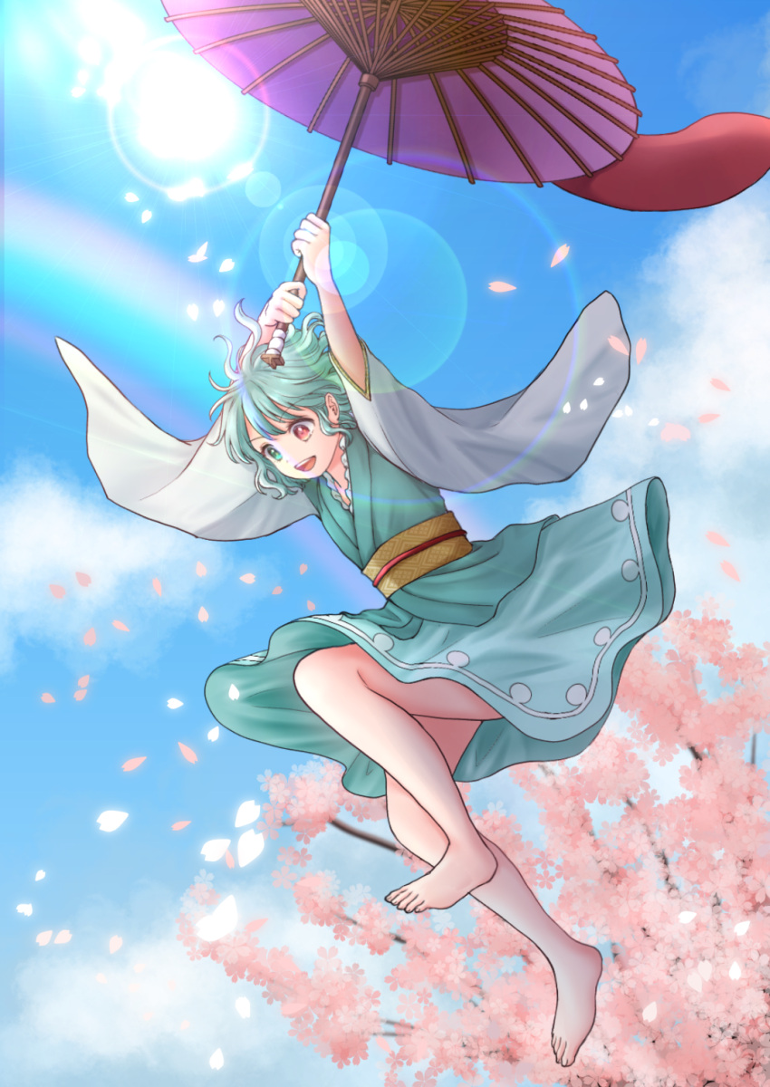 1girl adapted_costume barefoot blue_eyes blue_hair blue_kimono blue_skirt blue_sky cherry_blossoms clouds commentary_request full_body heterochromia highres holding holding_umbrella japanese_clothes karakasa_obake kimono kyabekko light_particles long_sleeves looking_at_viewer oil-paper_umbrella open_mouth outdoors purple_umbrella red_eyes sash short_hair skirt sky solo tatara_kogasa teeth tongue touhou umbrella upper_teeth_only variant_set wide_sleeves