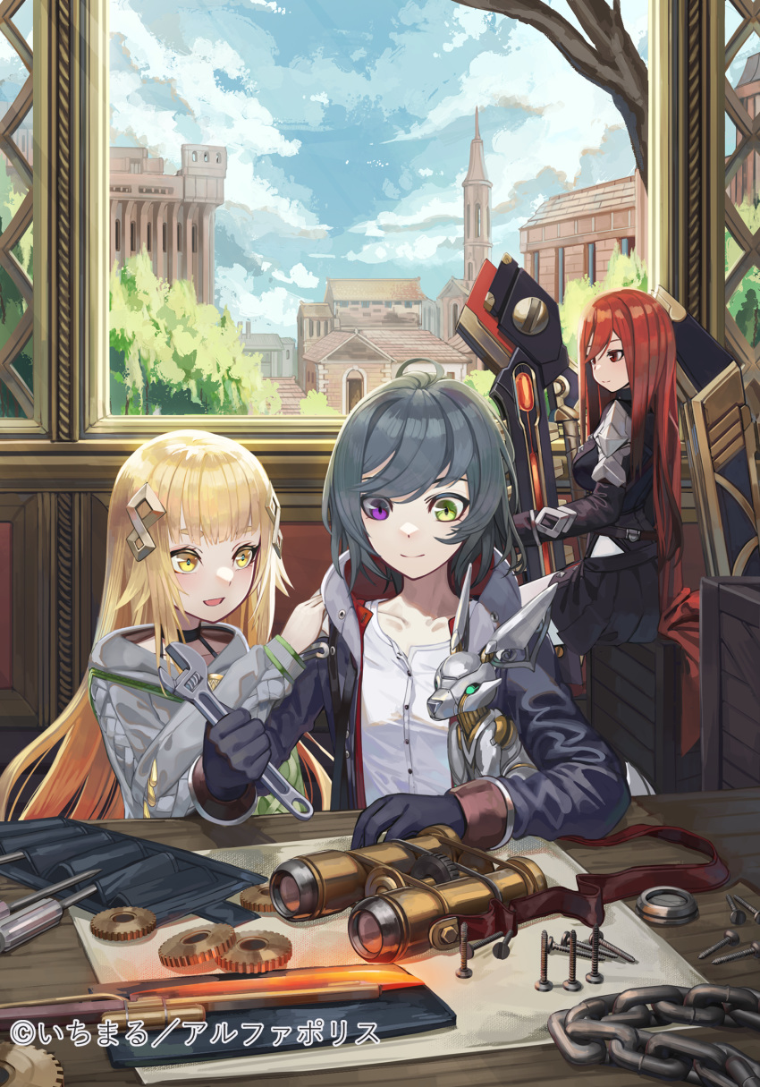 3girls binoculars black_gloves black_hair black_jacket black_skirt blonde_hair blue_sky breasts building clouds cloudy_sky commentary_request copyright_request day gears gloves green_eyes grey_jacket hair_ornament heterochromia highres indoors jacket long_hair long_sleeves medium_breasts multiple_girls natori_youkai open_clothes open_jacket pleated_skirt puffy_long_sleeves puffy_sleeves red_eyes redhead robot screw shirt short_eyebrows skirt sky thick_eyebrows tower very_long_hair violet_eyes watermark white_shirt yellow_eyes