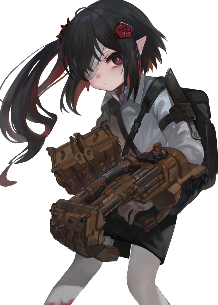 1girl backpack bag bandage_over_one_eye bandaged_hand bandages black_hair black_skirt blood blood_on_bandages blood_on_clothes clenched_hand collared_shirt commentary dokomon english_commentary feet_out_of_frame hair_ornament highres long_hair looking_at_viewer multicolored_hair one_side_up original pantyhose pointy_ears power_fist red_eyes redhead shirt simple_background skirt solo spikes standing two-tone_hair white_background white_pantyhose white_shirt