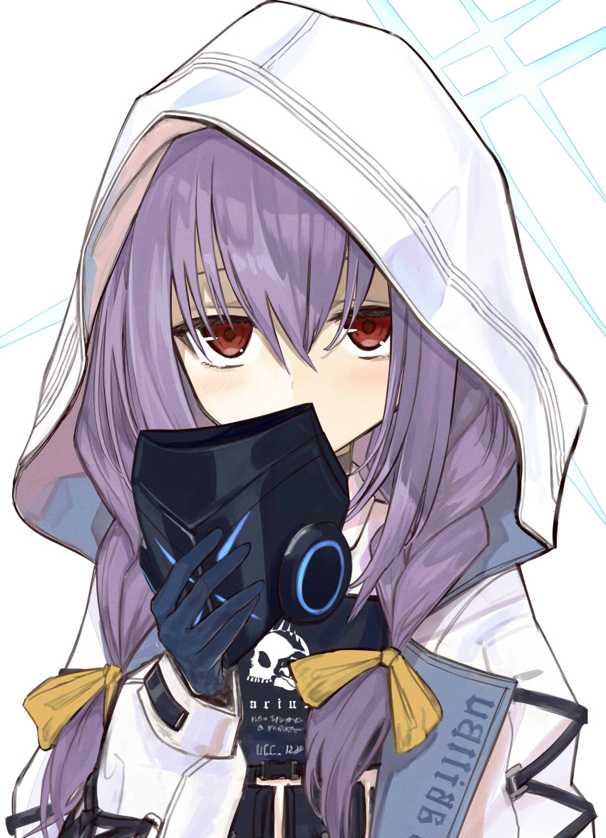 1girl atsuko_(blue_archive) black_gloves blue_archive braid bulletproof_vest commentary_request covered_mouth gloves hair_between_eyes halo highres holding holding_mask hood hooded_coat hoodie kazabana_fuuka long_hair long_sleeves looking_at_viewer low_twin_braids low_twintails mask mask_removed purple_hair red_eyes sidelocks simple_background solo twin_braids twintails white_background white_hoodie