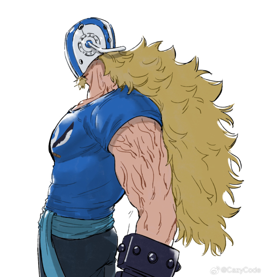 1boy arms_at_sides blonde_hair facial_hair facial_hair_through_mask facing_ahead feet_out_of_frame goatee highres hockey_mask killer_(one_piece) long_hair male_focus mask mcbuckwheat one_piece solo white_background