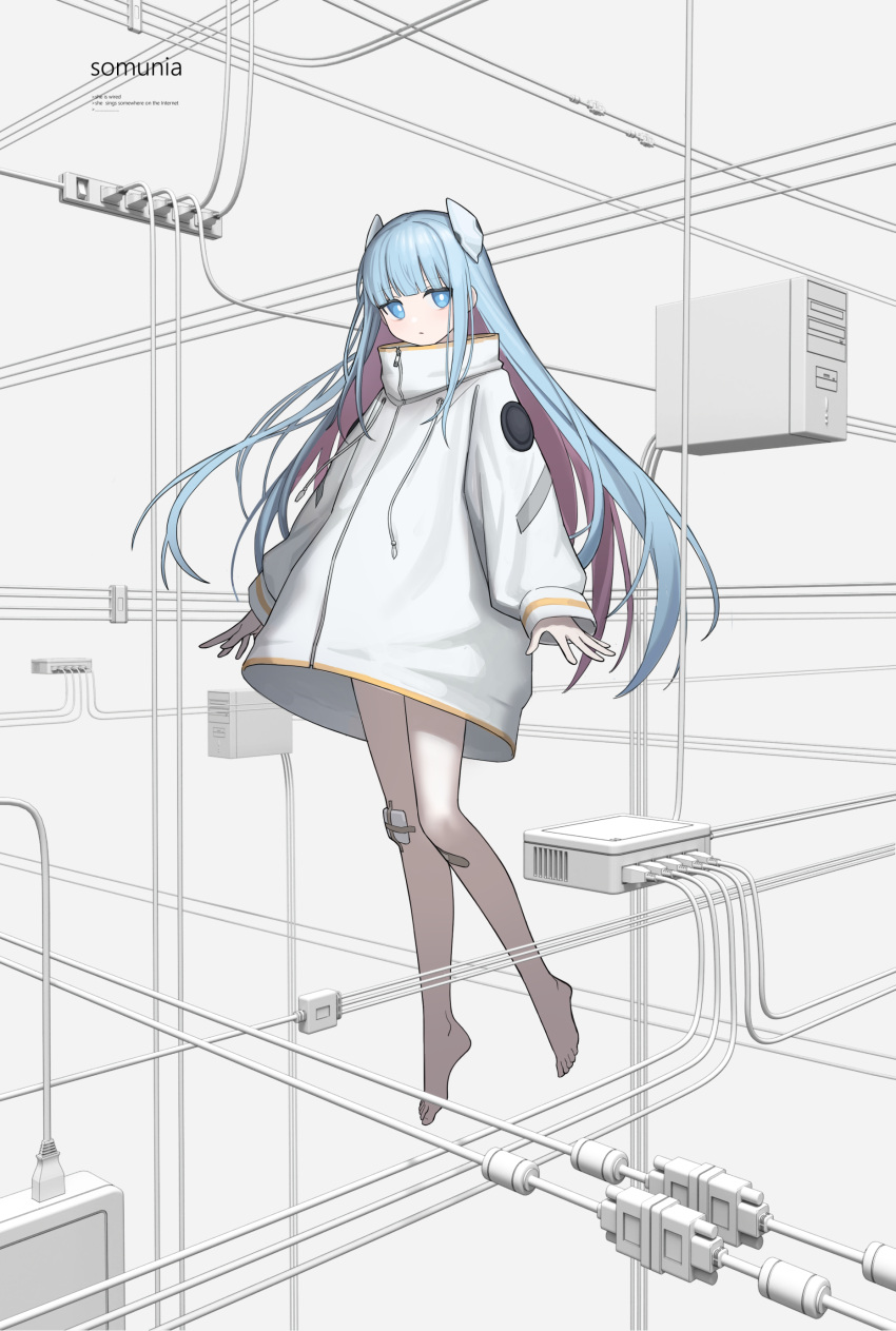1girl absurdres arms_at_sides bandaid bandaid_on_knee bandaid_on_leg barefoot blue_eyes blue_hair blunt_bangs character_name closed_mouth coat colored_inner_hair commentary english_commentary english_text expressionless extension_cord floating full_body gauze hair_ornament high_collar highres indie_virtual_youtuber kawara_pigeon long_hair long_sleeves looking_at_viewer multicolored_hair pink_hair puffy_long_sleeves puffy_sleeves server solo somunia very_long_hair virtual_youtuber white_background white_coat wire