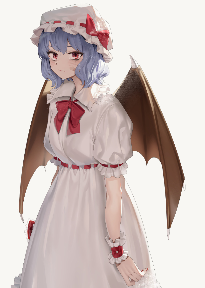 1girl absurdres bandaid bandaid_on_face bat_wings blush breasts brown_wings closed_mouth dress embodiment_of_scarlet_devil english_commentary fingernails frilled_sleeves frills goback hair_between_eyes hat hat_ribbon highres long_fingernails looking_at_viewer mob_cap nail_polish purple_hair red_eyes red_nails red_ribbon remilia_scarlet ribbon sharp_fingernails short_hair short_sleeves simple_background small_breasts solo touhou white_background white_dress white_headwear wings wrist_cuffs