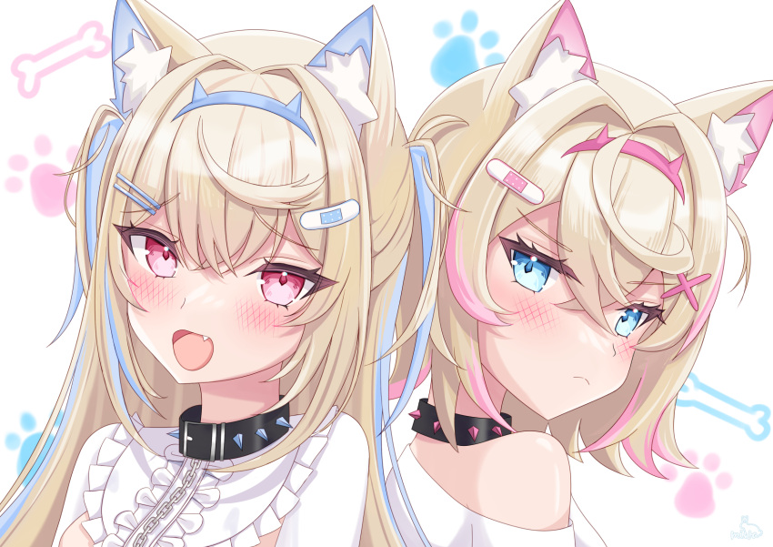 2girls animal_ear_fluff animal_ears belt_collar black_collar blonde_hair blue_eyes blue_hair blush closed_mouth collar dog_ears dog_girl dress fang fuwawa_abyssgard hair_ornament hairpin highres hololive hololive_english long_hair looking_at_viewer medium_hair miwapeito mococo_abyssgard multicolored_hair multiple_girls open_mouth pink_eyes pink_hair shirt siblings sisters spiked_collar spikes streaked_hair twins two_side_up virtual_youtuber white_background white_dress white_shirt x_hair_ornament