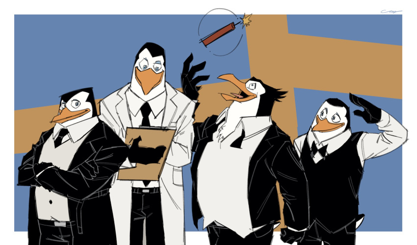 4boys arm_at_side arm_up belt bird black_belt black_bow black_bowtie black_coat black_feathers black_necktie black_pants black_vest blue_background blue_eyes bow bowtie clipboard closed_mouth coat collared_shirt cowboy_shot crossed_arms dynamite explosive feathers formal furry furry_male grey_vest highres holding holding_clipboard kowalski_(madagascar) lapels long_sleeves looking_at_another looking_at_viewer looking_down lumise05 madagascar_(series) multiple_boys necktie open_clothes open_coat open_mouth pants penguin penguin_boy personification pocket private_(madagascar) rico_(madagascar) salute shirt signature skipper_(madagascar) suit tongue traditional_bowtie two-tone_background undone_bowtie vest white_coat white_feathers white_shirt yellow_background