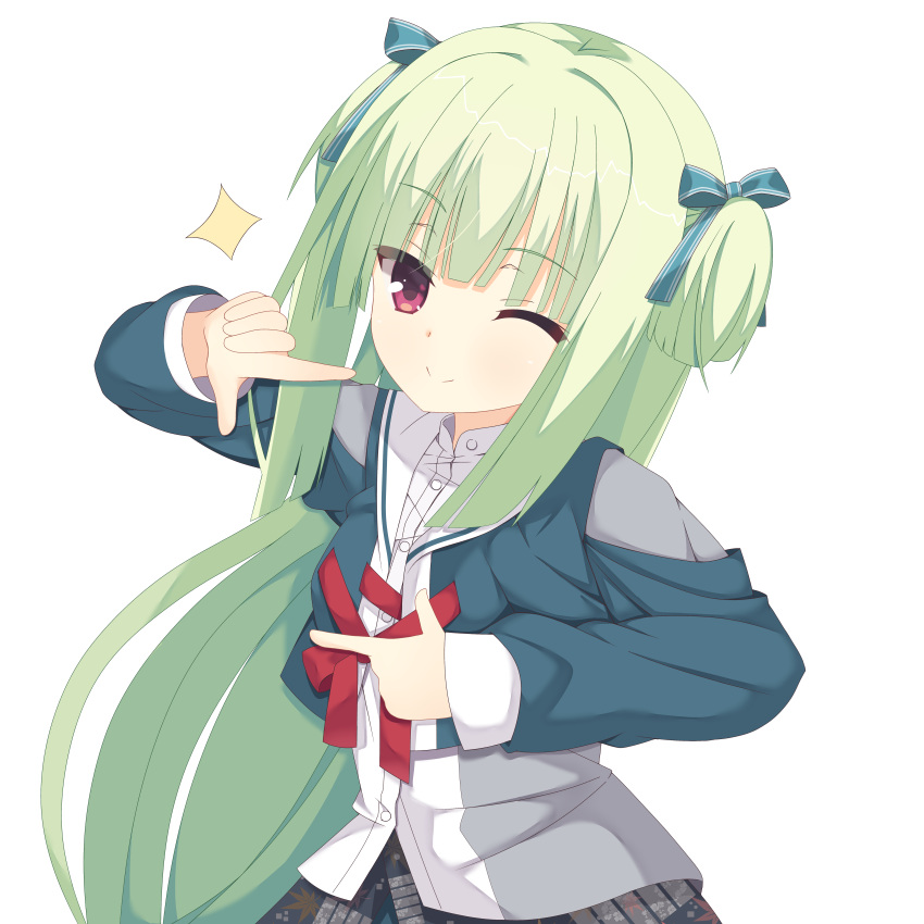 1girl absurdres blue_ribbon blunt_bangs blunt_ends closed_mouth commentary_request cropped_jacket dress_shirt eyelashes eyes_visible_through_hair finger_frame green_hair green_jacket hair_ribbon hands_up highres hime_cut jacket kaon_zz long_hair long_sleeves looking_at_viewer murasame_(senren) official_alternate_costume official_alternate_hairstyle one_eye_closed red_eyes red_ribbon ribbon sailor_collar school_uniform senren_banka shirt sidelocks simple_background smile solo sparkle straight_hair two_side_up upper_body very_long_hair white_background white_sailor_collar white_shirt