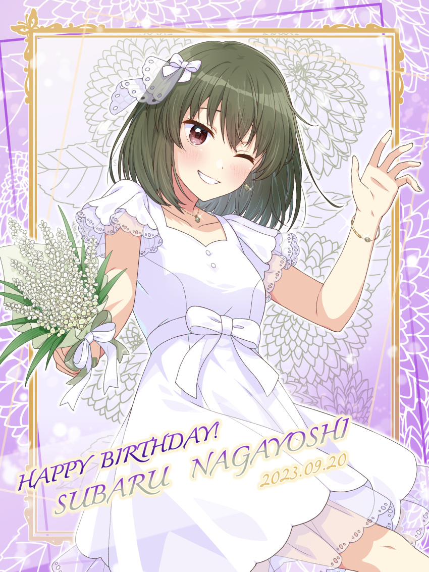 1girl 2023 absurdres blush bouquet bow bracelet breasts character_name collarbone dress flower framed green_hair grin hair_ornament happy_birthday highres holding holding_bouquet idolmaster idolmaster_million_live! idolmaster_million_live!_theater_days jewelry looking_at_viewer manicure nagayoshi_subaru nail_polish one_eye_closed ornate_border red_eyes ribbon see-through see-through_sleeves shiro_(ongrokm) short_hair short_sleeves small_breasts smile solo white_dress