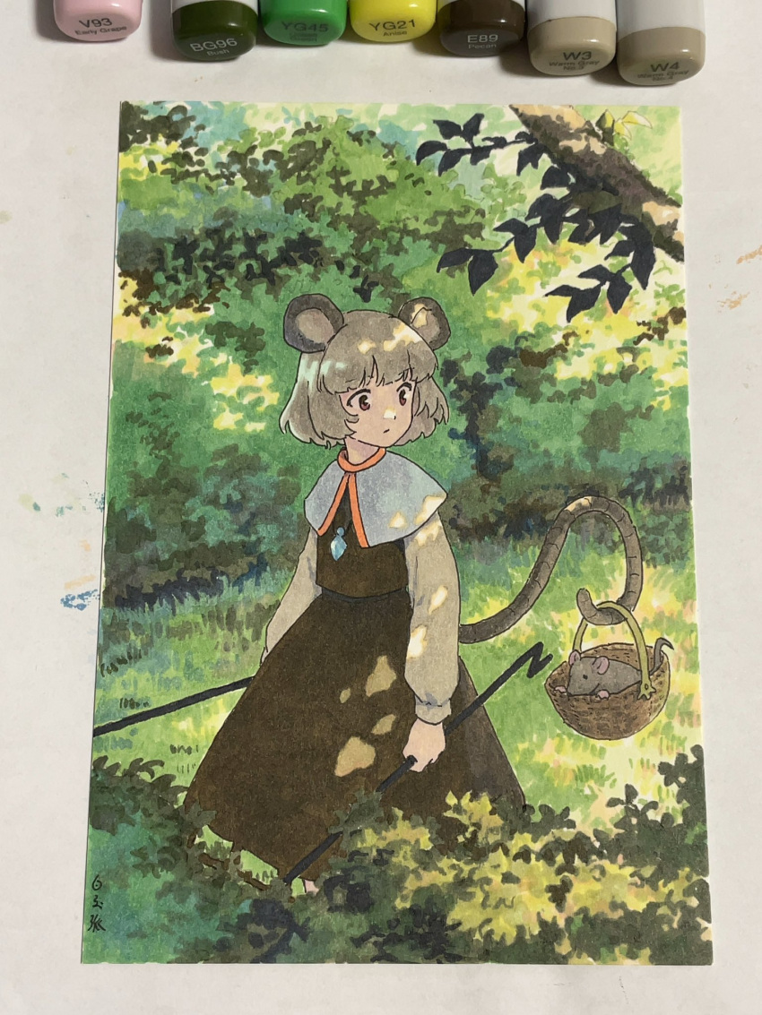 1girl animal animal_ears art_tools_in_frame basket black_dress blue_capelet blunt_bangs brown_eyes capelet closed_mouth day dowsing_rod dress dual_wielding grass grey_hair highres holding holding_with_tail jewelry long_sleeves looking_at_animal looking_to_the_side marker_(medium) mouse mouse_ears mouse_girl mouse_tail nature nazrin outdoors pendant photo_(medium) prehensile_tail shiratama_(hockey) shirt short_hair solo tail touhou traditional_media white_shirt