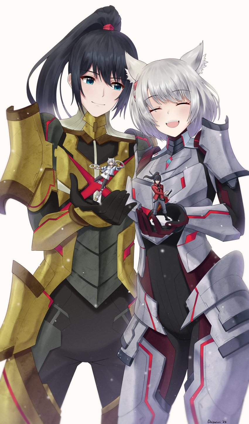 1girl amiibo animal_ears armor armored_bodysuit black_hair blue_eyes cat_ears chest_jewel doiparuni figure gloves grey_hair highres looking_at_viewer m_(xenoblade) mio_(xenoblade) n_(xenoblade) noah_(xenoblade) official_alternate_costume open_mouth ponytail short_hair shoulder_armor smile xenoblade_chronicles_(series) xenoblade_chronicles_3