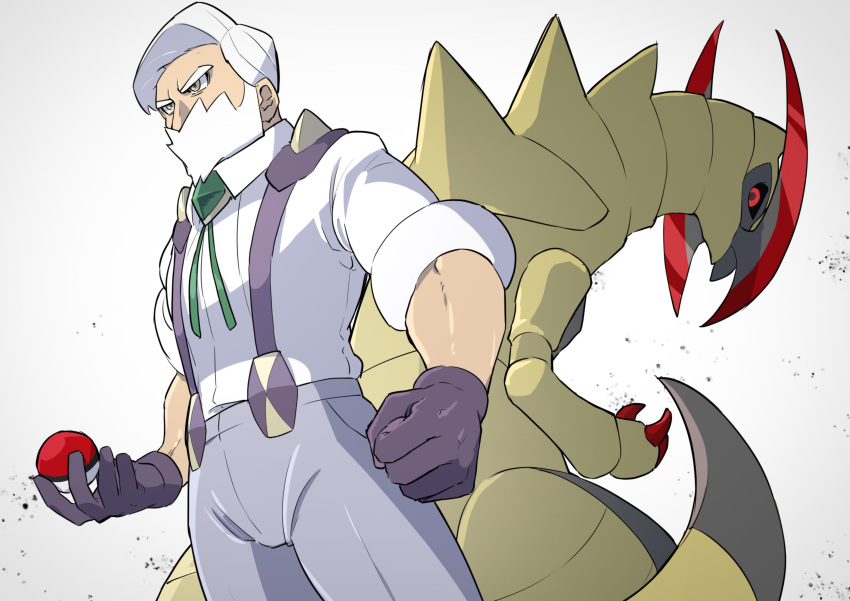 1boy absurdres beard clenched_hand collared_shirt commentary_request drayden_(pokemon) facial_hair gem gloves green_gemstone green_ribbon haxorus highres holding holding_poke_ball male_focus mira_(miramita8727) neck_ribbon pants poke_ball pokemon pokemon_(creature) pokemon_(game) pokemon_bw ribbon shirt short_hair simple_background suspenders white_background white_hair white_shirt yellow_eyes