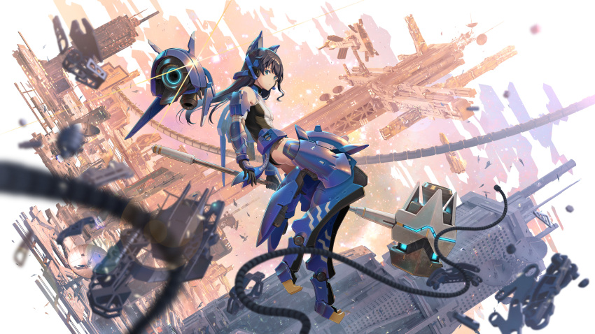 1girl absurdres alice_gear_aegis animal_ears black_hair blue_eyes building commentary_request debris fake_animal_ears flat_chest hammer highres holding holding_hammer holding_weapon koashi_mutsumi leotard mecha_musume mechanical_arms mechanical_legs pinakes single_mechanical_arm skyscraper solo weapon