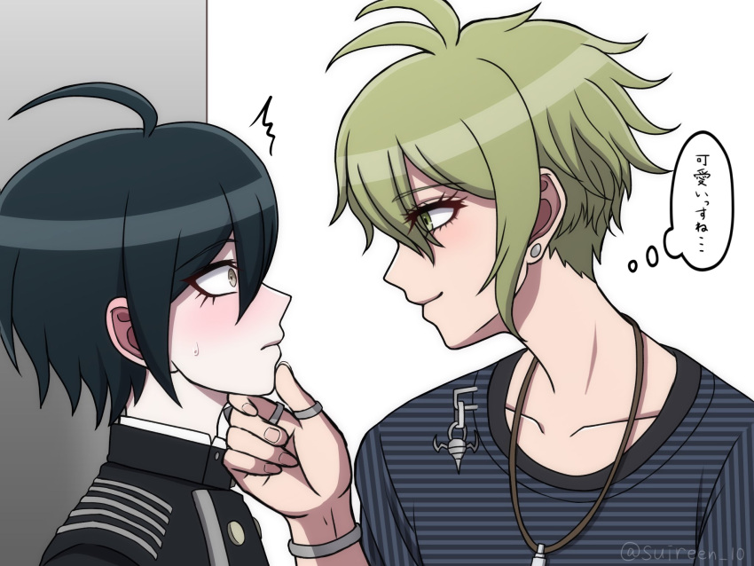2boys ^^^ ahoge amami_rantaro black_hair closed_mouth collarbone danganronpa_(series) danganronpa_v3:_killing_harmony earrings eye_contact green_eyes green_hair hand_on_another's_chin hand_up highres jacket jewelry looking_at_another male_focus multiple_boys necklace ring saihara_shuichi shirt short_hair striped striped_shirt suiren_yurei sweatdrop thought_bubble translation_request