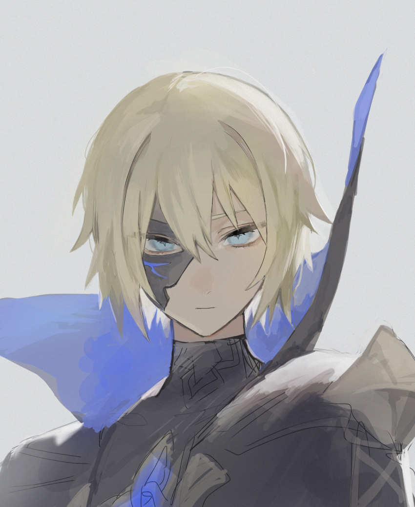 1boy absurdres armor black_cape black_mask black_shirt blonde_hair blue_cape blue_eyes cape closed_mouth dainsleif_(genshin_impact) genshin_impact grey_background hair_between_eyes highres kaimochi0839 long_sleeves looking_at_viewer male_focus mask shirt short_hair shoulder_armor simple_background solo star-shaped_pupils star_(symbol) symbol-shaped_pupils two-sided_cape two-sided_fabric upper_body v-shaped_eyebrows