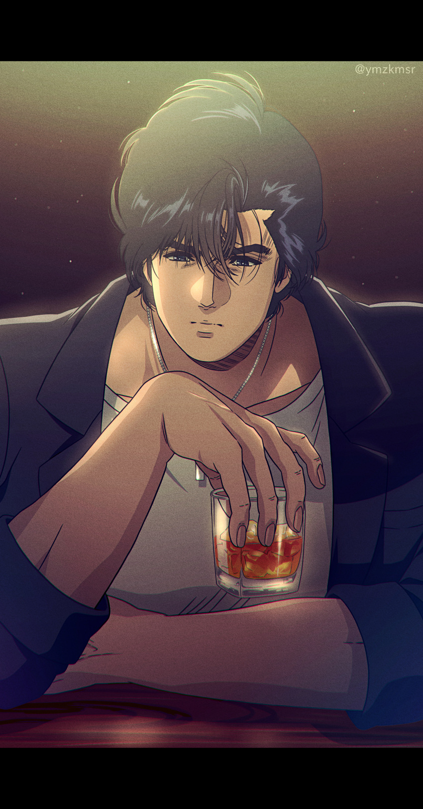 1boy absurdres alcohol black_eyes black_hair black_jacket city_hunter closed_mouth collarbone cup drink eyebrow_cut fingernails highres holding holding_cup holding_drink ice ice_cube jacket jewelry leaning_on_table letterboxed light_particles male_focus muscular muscular_male necklace saeba_ryou shirt short_hair sitting solo twitter_username white_shirt yuu_(masarunomori)