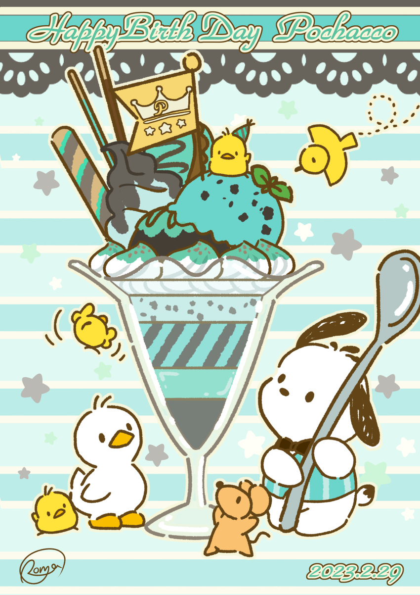 absurdres bird black_bow black_bowtie bow bowtie dated dog duck flag food highres holding holding_spoon holding_utensil ice_cream ice_cream_spoon mint_chocolate mouse no_humans oversized_food oversized_object pochacco pocky rome_(roma0618) sanrio spoon star_(symbol) striped striped_background