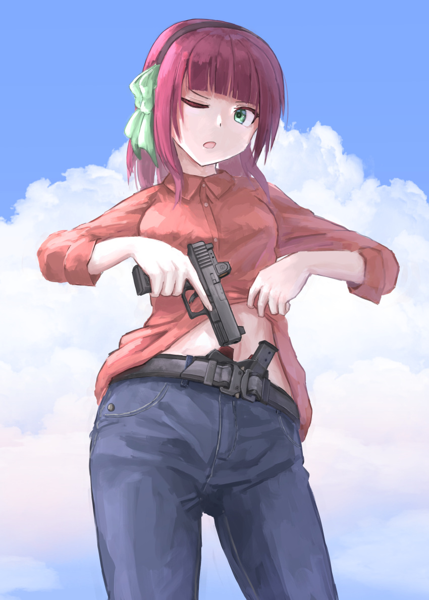 1girl absurdres alternate_costume angel_beats! black_hairband bow casual clothes_lift clouds commentary_request commission cowboy_shot d-sawa613 day denim dress_shirt from_below glock green_bow green_eyes gun gunbelt hair_bow hairband handgun hands_up highres holding holding_gun holding_weapon jeans lifted_by_self looking_at_viewer medium_hair nakamura_yuri one_eye_closed open_mouth outdoors pants purple_hair red_shirt shirt shirt_lift skeb_commission solo standing stomach straight_hair v-shaped_eyebrows weapon