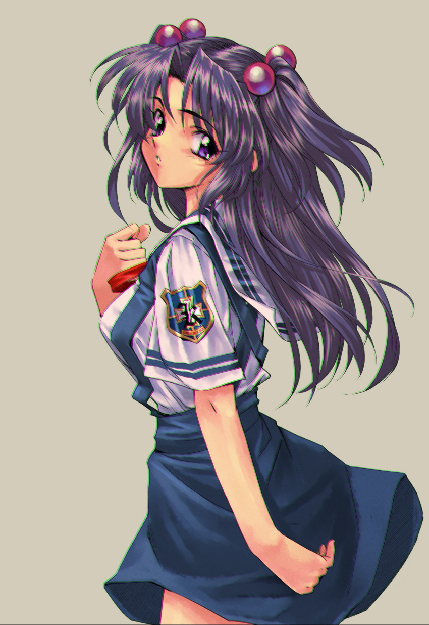 1990s_(style) 1girl absurdres arm_at_side blue_hair blue_skirt clannad commentary cowboy_shot eyelashes floating_hair from_side grey_background hair_bobbles hair_ornament hand_up head_tilt high-waist_skirt highres hikarizaka_private_high_school_uniform ichinose_kotomi long_hair longmei_er_de_tuzi looking_at_viewer nose parted_lips retro_artstyle sailor_collar school_uniform shirt short_sleeves simple_background skirt solo standing suspender_skirt suspenders two_side_up violet_eyes white_sailor_collar white_shirt