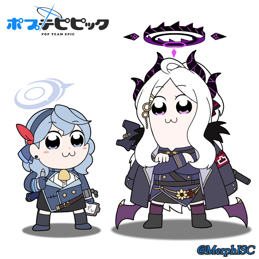 2girls :3 absurdres ahoge ako_(blue_archive) alternate_height armband bell belt belt_collar bkub_(style) black_coat black_footwear black_skirt black_thighhighs blue_archive blue_eyes blue_hair blush_stickers boots chain clipboard coat coat_on_shoulders collar commentary_request crossed_arms demon_girl demon_horns demon_wings earrings forehead full_body fur-trimmed_coat fur_trim garter_straps gun hair_bell hair_between_eyes hair_ornament hair_ribbon hairband hairclip halo height highres hina_(blue_archive) holding holding_pen horns isc jewelry knee_boots long_hair long_sleeves looking_at_another machine_gun mg42 military_uniform multiple_girls open_clothes open_coat parody parted_bangs pen pencil_skirt ponytail poptepipic purple_thighhighs red_armband ribbon sam_browne_belt sidelocks simple_background skirt standing style_parody thigh-highs uniform violet_eyes wavy_hair weapon weapon_on_back white_background white_hair wings zettai_ryouiki