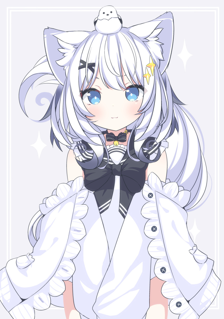 1girl animal animal_ear_fluff animal_ears animal_on_head bell bird bird_on_head black_bow black_sailor_collar blue_eyes bow closed_mouth commission daidai_ookami detached_sleeves dress frilled_sailor_collar frills grey_background highres jingle_bell long_sleeves looking_at_viewer neck_bell on_head original puffy_long_sleeves puffy_sleeves sailor_collar sailor_dress skeb_commission sleeveless sleeveless_dress smile solo sparkle tail white_dress white_hair white_sleeves