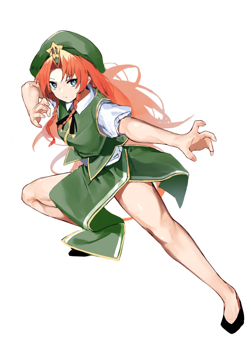 1girl blue_eyes chinese_clothes fighting_stance green_headwear green_jacket green_skirt highres hong_meiling jacket long_hair pocche-ex redhead serious shirt sketch skirt solo star_(symbol) touhou white_background white_shirt