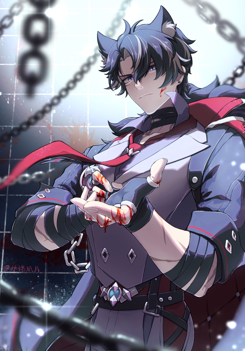 1boy 7mo_(nanakami) animal_ear_fluff animal_ears artist_name belt black_belt black_choker black_gloves black_hair black_shirt blood blood_on_hands blood_splatter blurry blurry_background blurry_foreground buttons chain choker closed_mouth coat coat_on_shoulders collared_shirt commentary_request depth_of_field earrings fingerless_gloves fur-trimmed_coat fur_trim genshin_impact glint gloves grey_hair grey_pants grey_vest hair_between_eyes hands_up highres indoors jewelry kemonomimi_mode lapels looking_at_viewer male_focus multicolored_hair necktie pants parted_bangs popped_collar red_necktie scar scar_on_arm scar_on_face scar_on_neck serious shirt short_hair short_sleeves sleeve_cuffs solo standing streaked_hair stud_earrings tile_wall tiles vest violet_eyes wolf_ears wriothesley_(genshin_impact)