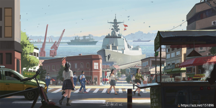 admiral_kuznetsov_class_aircraft_carrier bicycle building cargo_ship china chinese_text cityscape crane_(machine) crosswalk crowd destroyer dock food_stand gym_uniform highres military_vehicle motor_vehicle multiple_boys multiple_girls ocean original people's_liberation_army people's_liberation_army_navy pleated_skirt port road scenery ship shouhui_lang_qun signature skirt street taxi track_suit type_052d_destroyer warship watercraft