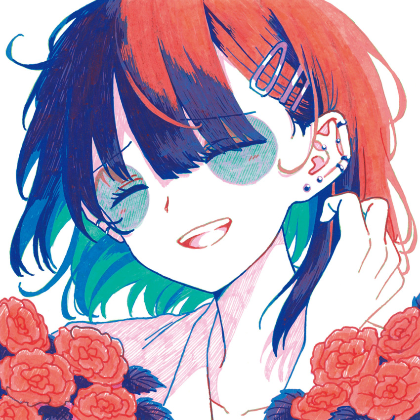 1girl bags_under_eyes begonia_(flower) closed_eyes commentary_request ear_piercing earrings facing_viewer flower hair_behind_ear hair_ornament hairclip hand_up happy highres indie_virtual_youtuber jewelry limited_palette mizuinokima open_mouth piercing portrait red_flower shirt short_hair simple_background smile solo virtual_youtuber white_background yosumi_(vtuber)
