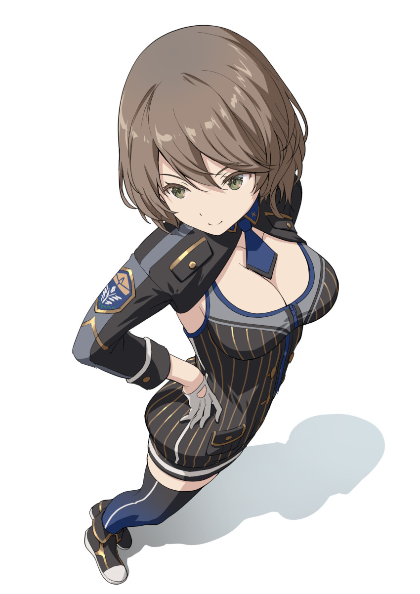 1girl alice_gear_aegis brown_hair closed_mouth commentary_request from_above green_eyes hand_on_own_hip highres pinakes shadow shoes smile solo white_background