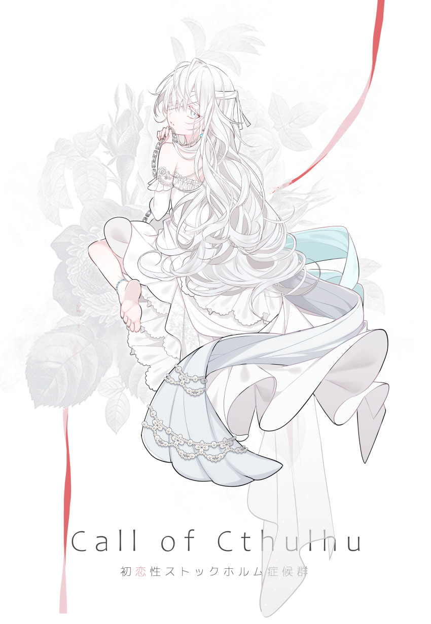 1girl absurdres anklet bandage_over_one_eye bare_shoulders barefoot dress floating flower frilled_dress frills full_body grey_eyes highres jewelry long_hair looking_back original scar solo wavy_hair white_background white_dress white_eyes white_hair zabeo0125