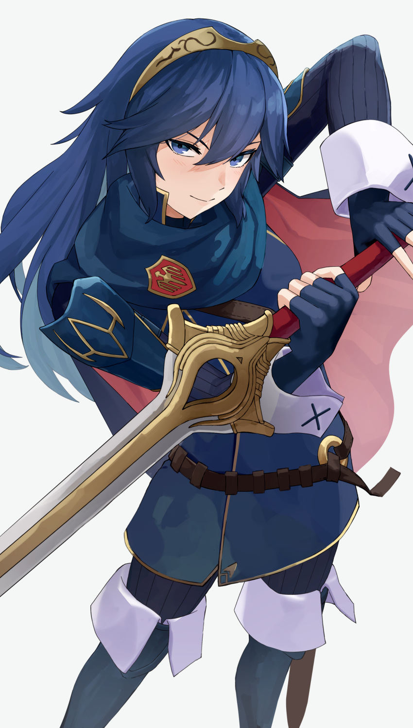 1girl absurdres belt blue_cape blue_eyes blue_gloves blue_hair brown_belt cape closed_mouth commentary falchion_(fire_emblem) fingerless_gloves fire_emblem fire_emblem_awakening gloves hair_between_eyes highres holding holding_sword holding_weapon long_hair long_sleeves looking_at_viewer lucina_(fire_emblem) pearlbbbb red_cape ribbed_sweater simple_background solo sweater sword tiara two-tone_cape weapon white_background