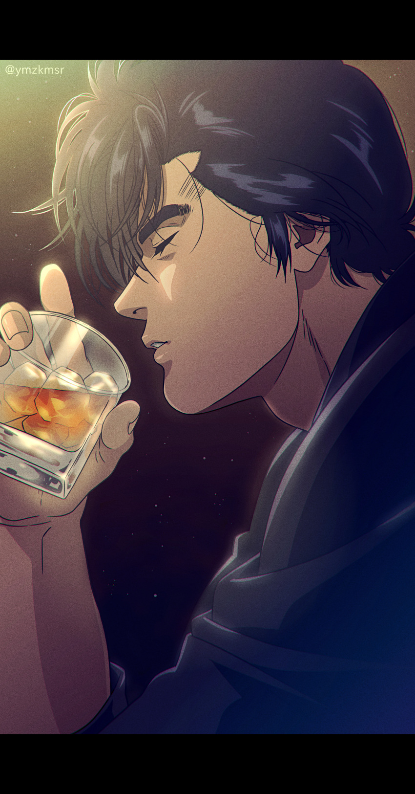 1boy absurdres adam's_apple alcohol black_jacket brown_background city_hunter closed_eyes cup drink from_side highres holding holding_cup holding_drink ice ice_cube jacket light_particles loose_hair_strand male_focus parted_lips saeba_ryou short_hair sidelocks solo twitter_username yuu_(masarunomori)