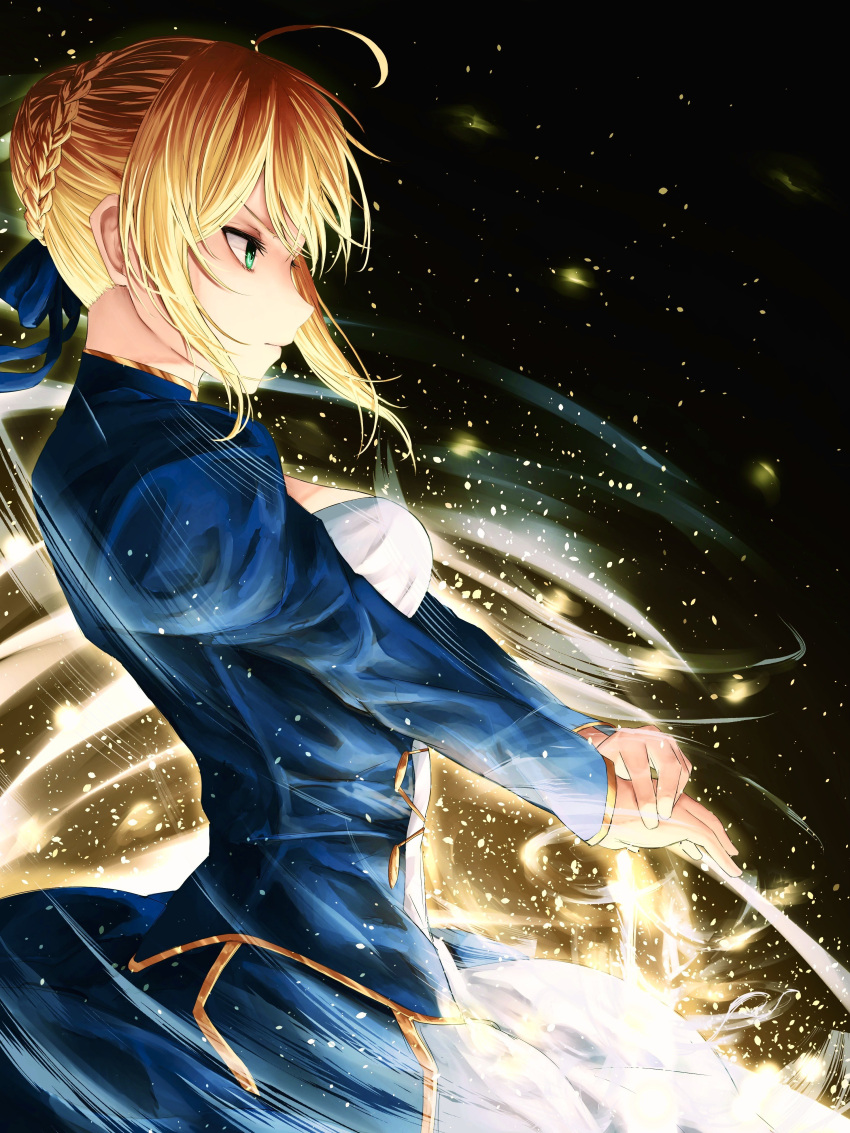 1girl absurdres ahoge artoria_pendragon_(fate) blonde_hair blue_dress blue_ribbon braid breasts dress excalibur_(fate/stay_night) fate/grand_order fate/stay_night fate_(series) french_braid from_side green_eyes hair_ribbon highres holding holding_sword holding_weapon long_sleeves planted planted_sword ribbon saber short_hair small_breasts solo sword weapon yagi_(yagi5art)