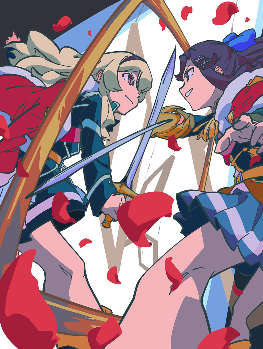 2girls black_hair black_hairband blonde_hair blue_bow bow cape crossed_swords epaulettes fighting from_below fur-trimmed_cape fur_trim grin hair_bow hairband highres holding holding_sword holding_weapon long_hair looking_at_another miniskirt multiple_girls parted_lips petals pleated_skirt poniponinohamu rose_petals shoujo_kageki_revue_starlight skirt smile sword tendou_maya weapon