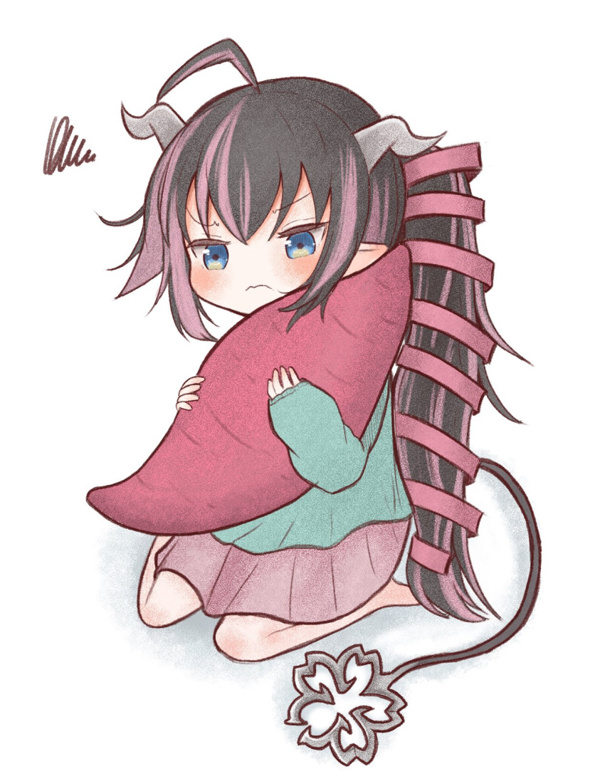 1girl ahoge alternate_costume barefoot black_hair blue_eyes blue_shirt blush closed_mouth commentary_request demon_girl demon_horns demon_tail food frown full_body grey_horns hair_ribbon highres horns kneeling long_hair long_sleeves multicolored_hair nanashi_inc. oinomori_may one_side_up pink_hair pink_ribbon pink_skirt pleated_skirt pointy_ears powercandy ribbon shirt simple_background skirt solo squiggle sweet_potato tail two-tone_hair v-shaped_eyebrows virtual_youtuber white_background