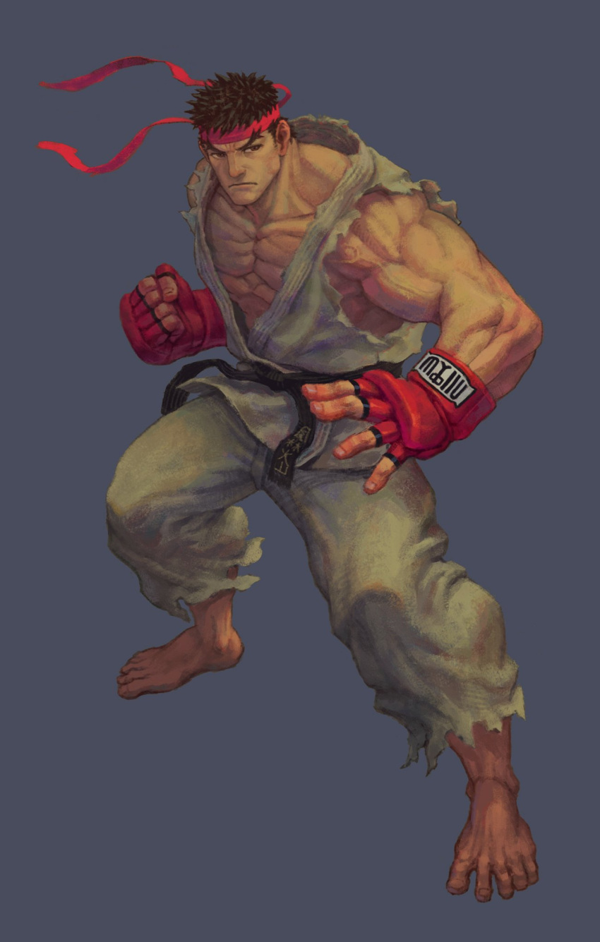 1boy barefoot bingoman black_hair clenched_hand dougi forked_eyebrows frown headband highres incoming_attack incoming_punch large_hands looking_at_viewer male_focus muscular muscular_male pectoral_cleavage pectorals punching red_headband ryu_(street_fighter) short_hair shredded_muscles solo standing street_fighter thick_eyebrows