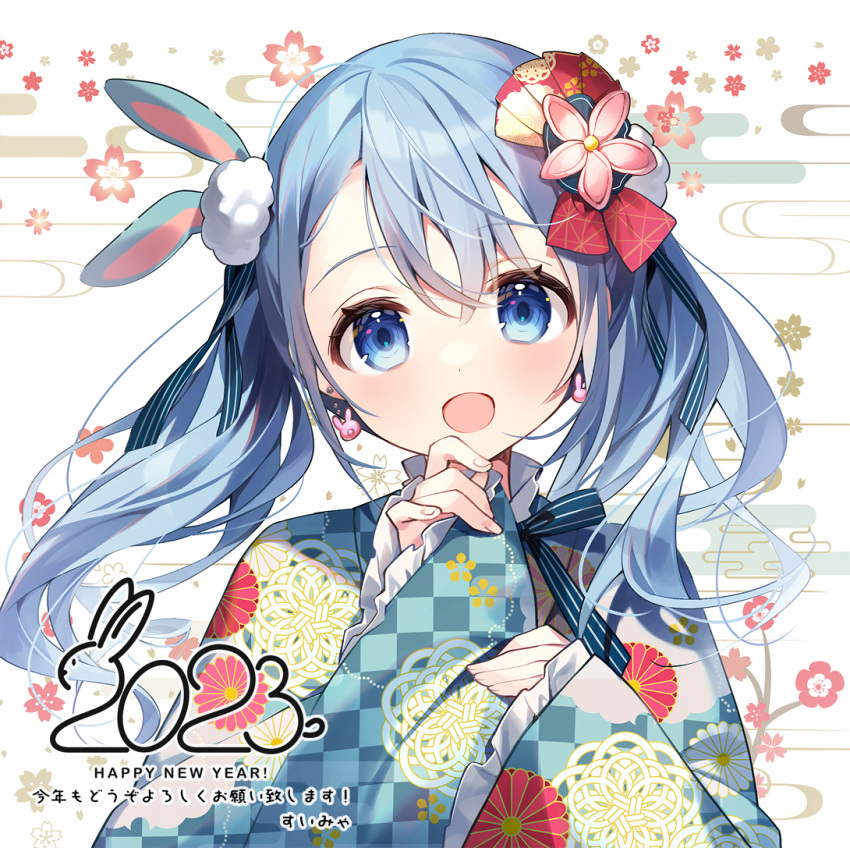 1girl 2023 :d animal_ears blue_eyes blue_hair blue_kimono blush checkered_clothes earrings egasumi flower frills hair_between_eyes hair_ornament hands_up happy_new_year japanese_clothes jewelry kikumon kimono long_hair long_sleeves looking_at_viewer milestone_celebration new_year open_mouth original pink_flower print_kimono rabbit_ears sakuramon sleeves_past_wrists smile solo suimya twintails upper_body white_background wide_sleeves